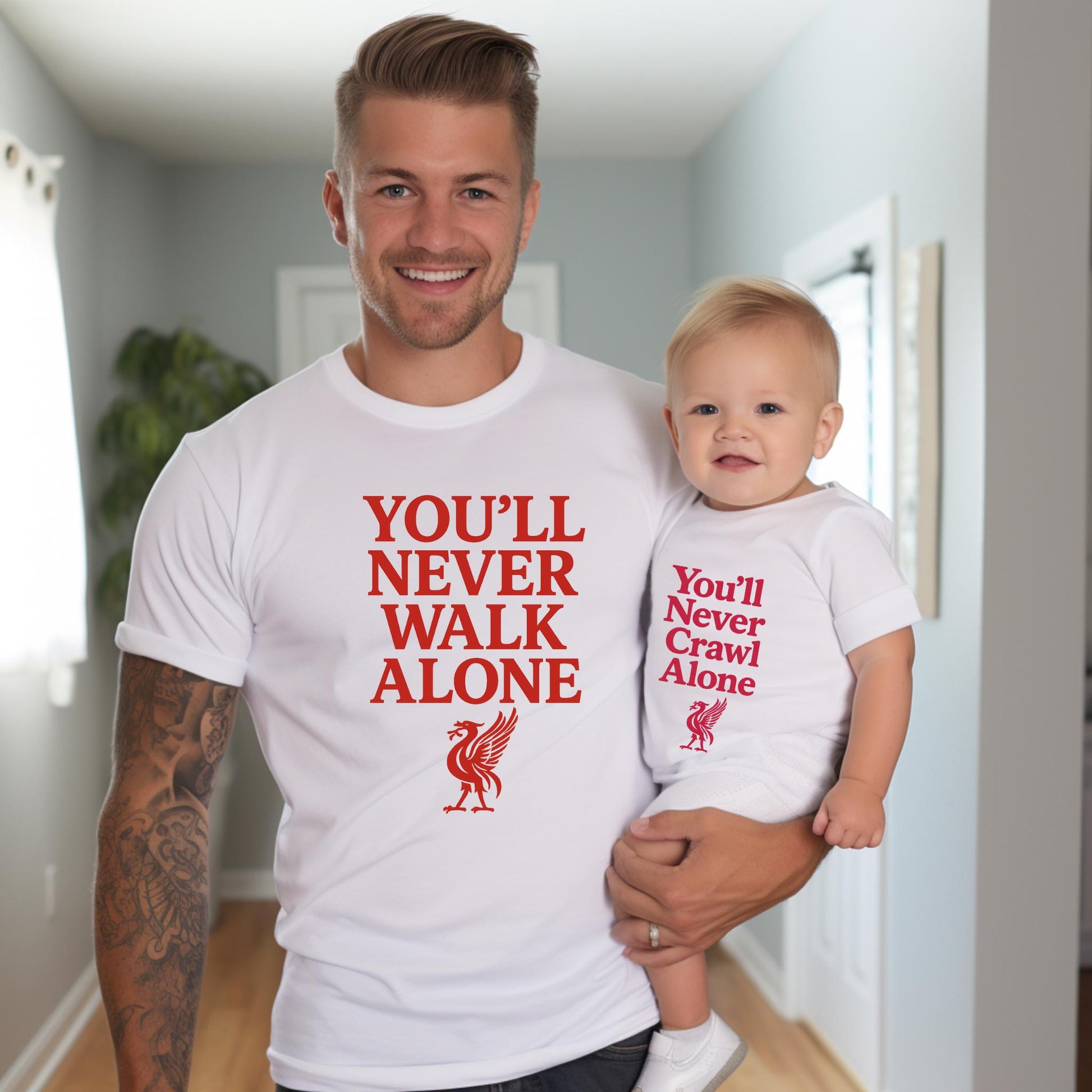 Liverpool FC You'll Never Walk Alone Daddy T-Shirt & Baby You'll Never Crawl Alone Babygrow Set Matching Father Baby Outfit – Football Fan